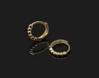 NEW ‣ 14k Solid Gold Beaded Hoop • 7mm Gold Huggie Hoop • Solid Gold Hoop Earring • 14K Beaded Hoop