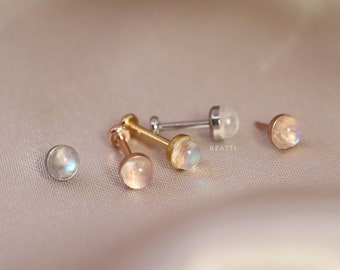 NEW ‣ BEATTI Genuine Moonstone Bezel Threadless Push Pin Labret Stud • Bezel Gemstone Cartilage earring  • FlatBack Earrings