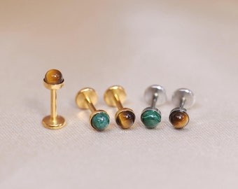 NEW ‣ Tiny Tiger Eye • Malachite Gemstone Threadless Push Pin Labret • Natural Gemstones Cartilage earring  • FlatBack Earrings • CKG052