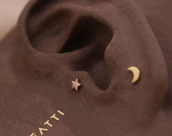 NOUVEAUTÉ ‣ Mini-puce labret sans fil BEATTI étoile/lune brillant • Boucle d'oreille cartilage lune • Tragus/hélice/conque • Boucles d'oreilles à fond plat