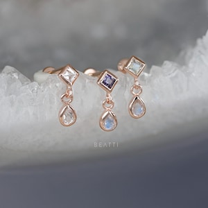 NEW ‣ Rena • Natural Gemstone Threadless Flat Back Earrring • Rose Gold 925 Silver • Titanium Post • Dangle Gemstone Piercing