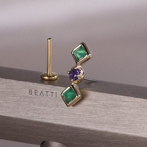 LIMITED ‣ Cecilia • Green Onyx • Iolite • Thread less Push Pin Stud • Gemstone Cartilage Earring • Flat Back • 925 Silver 14K Gold Vermeil