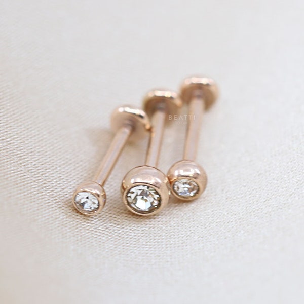 18G Tiny 2mm/2.5mm/3mm Bezel Set Threadless Push Pin Labret Stud • Rose Gold Labret • Tragus stud • Flat Back Earring • Nose Stud