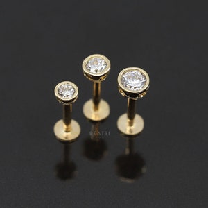 18G • 14K Solid Gold • 2.5mm/3mm/3.5mm Bezel Setting Labret Stud • 14k Solid Gold Internal Threaded Labret • 14K Gold Piercing