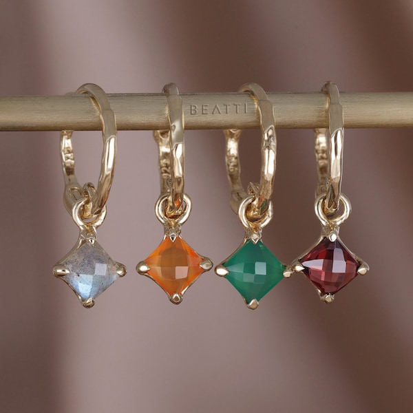 NEW ‣ Kaya • Genuine Gemstone Charm Hoop Earrings • 925 Silver 14K Vermeil • Gemstone Charm Hoop Earrings