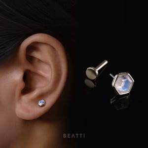 NEW ‣ 14K Solid Gold ∙ Ela ∙ Hexagon Natural Gemstone Threadless Ends ∙ Rainbow Moonstone ∙ Flat Back Studs with Titanium Post