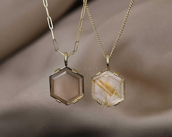 NEW ‣ Hexagon Gemstone Necklace Pendant • 14K Vermeil  • Natural Gemstone Pendant