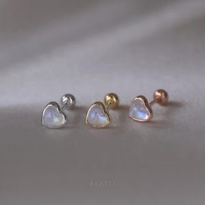 NEW ‣ Cora • BEATTI 20G Heart Shaped Natural Moonstone Barbell  • 925 Sterling Silcer  • Gemstone Cartilage Earring • Moonstone Stud