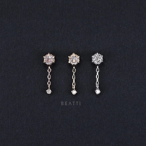 NEW ‣ Starfall ∙  White Topaz with Tiny Diamond Chain Charm Threadless Stud ∙ Flat Back Studs with Titanium Post