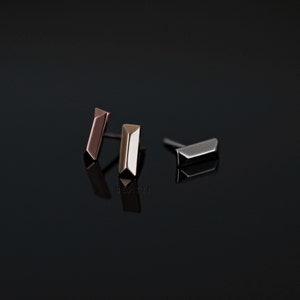 NEW ‣ 14K Solid Gold Bar Threadless Stud • Tiny Gold Bar Flat Back Earring • 14K Gold and Titanium