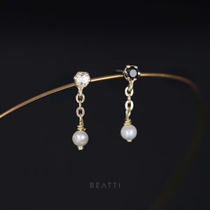 NEW ‣ Seren • Tiny Gemstone Pearl Dangle Thread less Ends 925 Silver • 14K Gold Vermeil • Titanium Post Flat Back • Dangle Gemstone Piercing