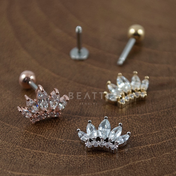 Tiara Crown Cartilage Earring, Conch Earring, Helix, Conch Piercing, Piercing Jewelry, Cartilage Stud, Flat Back Earring