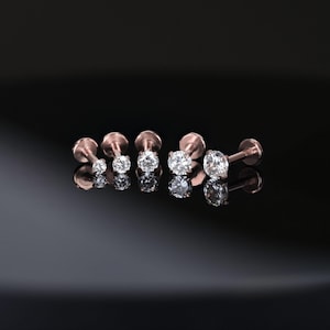 May include: Six rose gold labret studs with clear, round-cut gemstones of varying sizes. The studs are arranged in a row, reflecting on a dark, glossy surface. The jewelry is designed for lip or ear piercings.