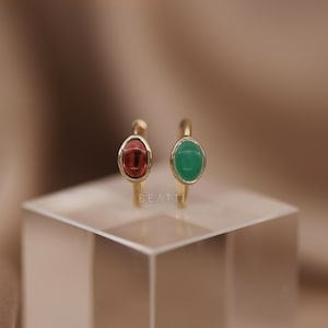 NEW ‣ Oval Cabochon Gemstone Hoop Earrings • 14K Vermeil • Garnet • Green Onlyx