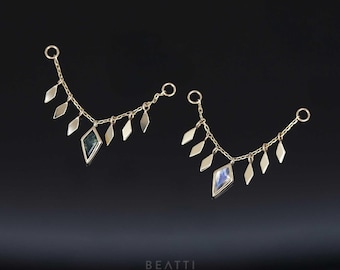 NEW ‣ Patra Chain Attachment with Genuine Gemstones 32mm • 14K Solid Gold Piercing Chain • Rainbow Moonstone, Moss Agate