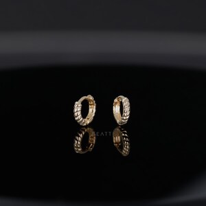 NEW ‣ 14K Gold Micro 5mm Croissant Huggie Hoop • 14K Tiny Hoop • 14k Gold Twisted Rope Hoop • Dainty Gold Huggie