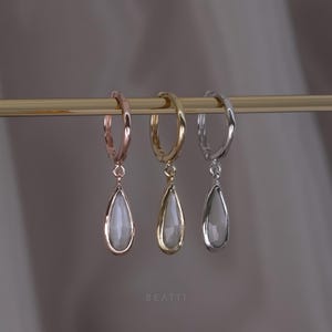 NEW ‣ Iris • Grey Moonstone Dangle Hoop Earrings • 14K Vermeil • Briolette Cut Gemstone Charm Dangle Hoops