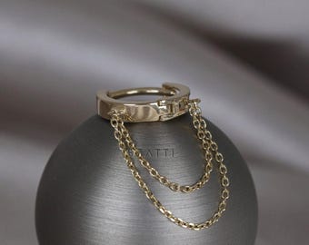 NEW ‣ 14k Solid Gold Double Chained Hoop Earring • 14k White Gold Huggie Hoop Double Chain • Chain Clicker Hoop