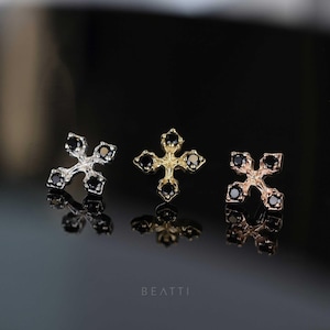 NEW ‣ Medieval Cross Flat Back Earring • Black Spinel •  925 Silver 14K Gold Vermeil • Titanium Post • Flat Back Gemstone Earring
