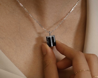 NEW ‣ Rectangular Cut Double Ridge Pendant • Rhodium Plated • Natural Gemstone Pendant