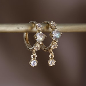 NEW ‣ Lucine • Dainty Genuine Gemstone Hoop Earrings • 925 Silver 14K Vermeil • Labradorite Moonstone Hoop Earrings