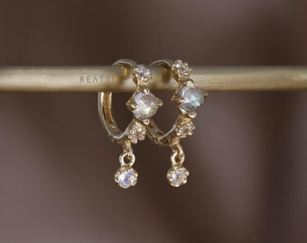 NEW ‣ Lucine • Dainty Genuine Gemstone Hoop Earrings • 925 Silver 14K Vermeil • Labradorite Moonstone Hoop Earrings