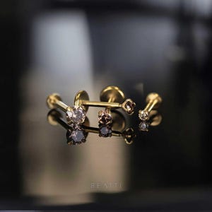 NEW ‣ 16G/18G/20G • Tiny Sparkly Umber CZ Threadless Push Pin Labret Stud • Gold Piercing • Gold Tragus stud • Flat Back Earring