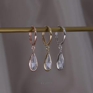 NEW ‣ Iris • White Topaz Dangle Hoop Earrings • 14K Vermeil • Briolette Cut Gemstone Charm Dangle Hoops