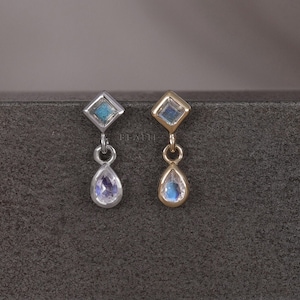 NEW ‣ Rena • BEATTI Labradorite Rainbow Moonstone Thread less Ends 925 Silver • Titanium Post • Dangle Gemstone Piercing