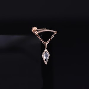 LIMITED ‣ 14K Solid Gold Vertical Helix Chain Threadless Stud • Rose Gold Kite Cut White Topaz Vertical Helix Flat Back Earring