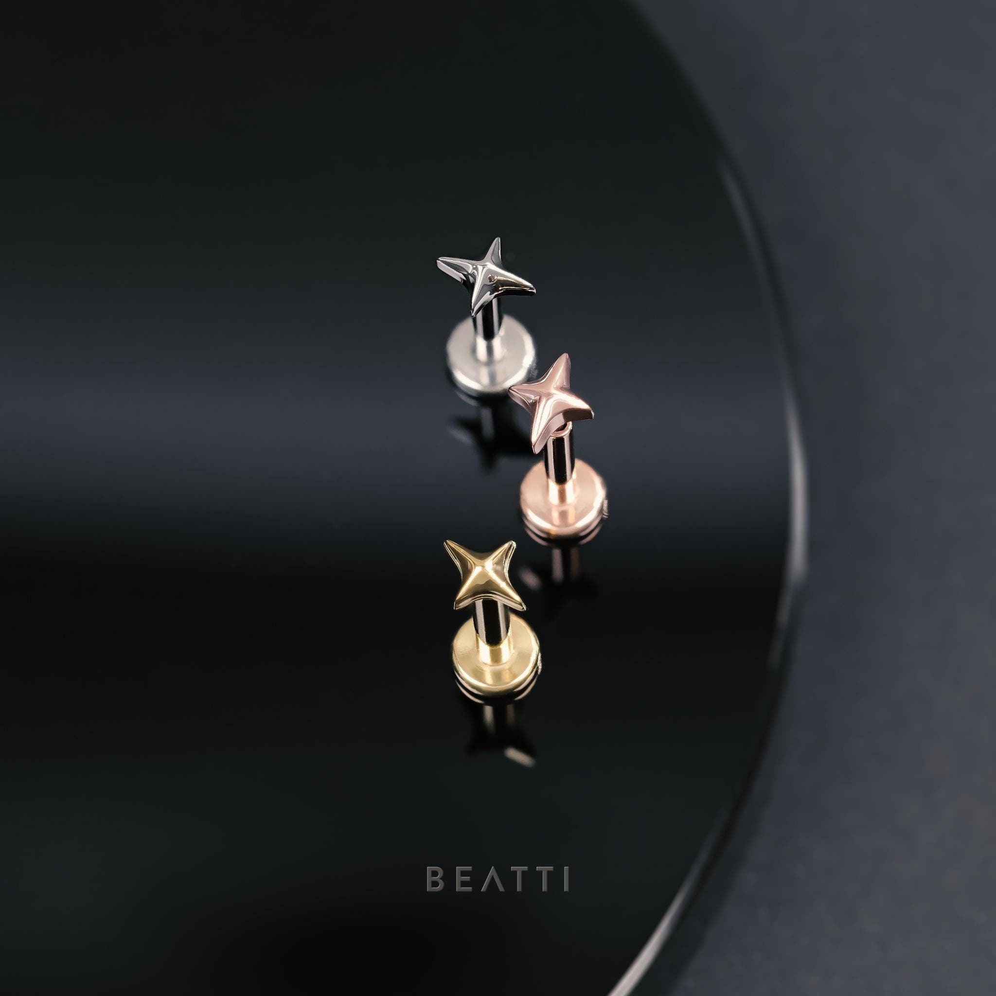 NEW ‣ Ultra Tiny Tiny Four-Point Star Threadless Stud • Verified Titanium Flat Back Earring • Hypoallergenic Piercing