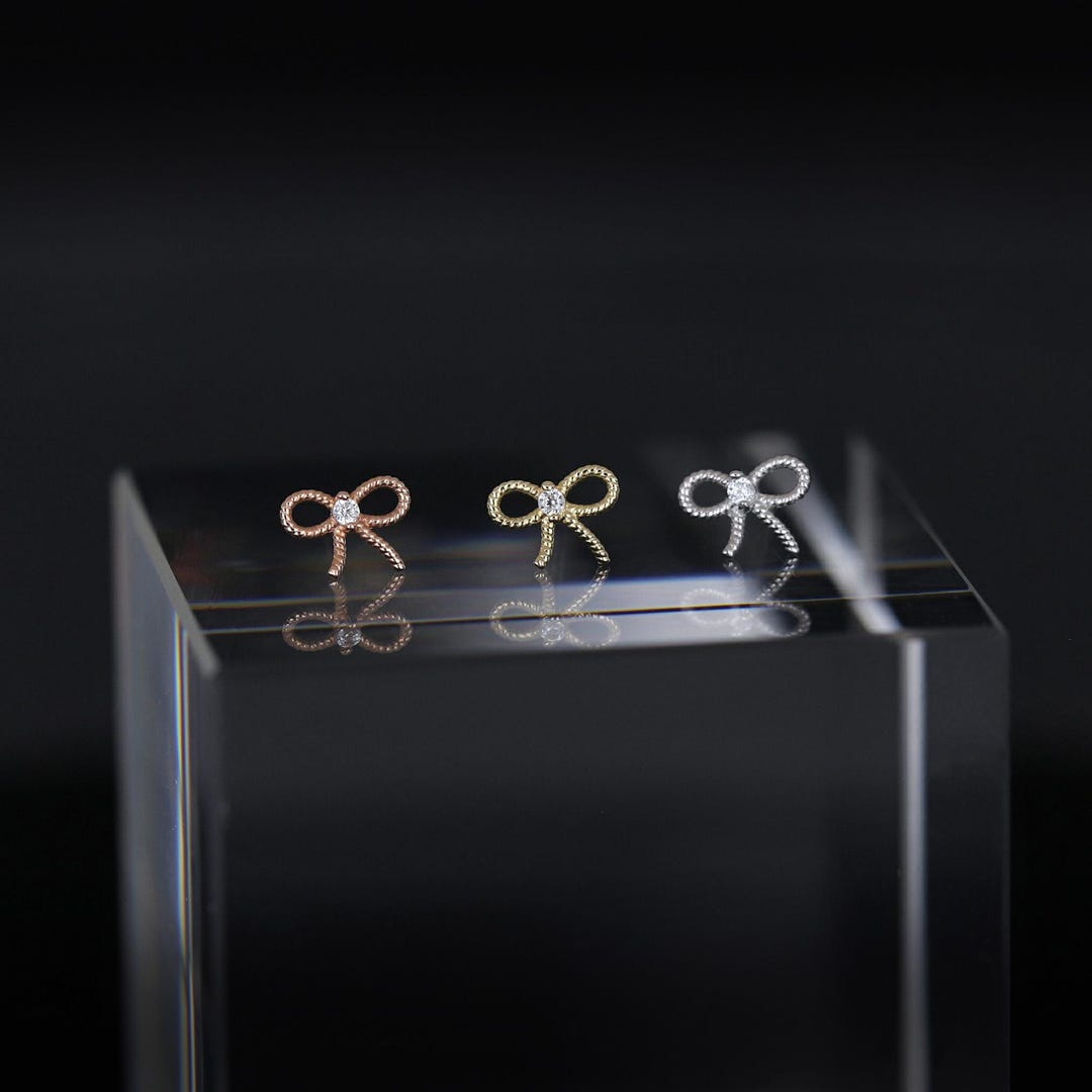14K Gold Micro Bow CZ Flat Back Stud - Etsy