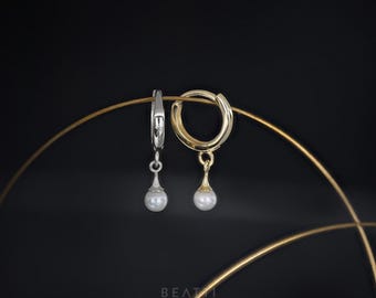 14K Solid Gold Pearl Dangle Huggie Hoops