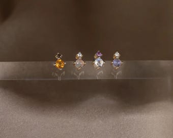 NEW ‣ Tia • 14K Gold Teeny Tiny Natural Gemstone Threadless Ends • 14K Solid Gold • Titanium Post • Moonstone • Citrine • Ethiopian Opal