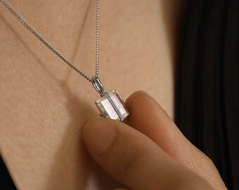 NEW ‣ Mini Rectangular Cut Double Ridge Pendant • Rhodium Plated • Natural Gemstone Pendant