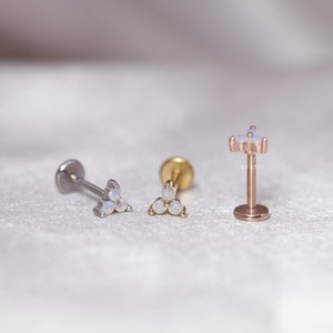 NEW ‣ 16G/18G/20G Tiny Triple Moonstone stud Cartilage Earring • Threadless Push Pin Stud • Tiny Cartilage stud • Flat Back Earring