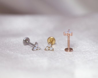 NEW ‣ 16G/18G/20G Tiny Triple Moonstone stud Cartilage Earring • Threadless Push Pin Stud • Tiny Cartilage stud • Flat Back Earring