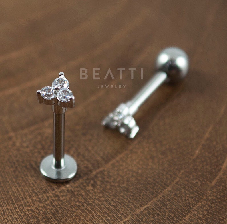 Very Tiny Triple CZ stud  Cartilage Earring, Tragus stud, Conch stud, Tiny Cartilage stud, Flat Back Earring 