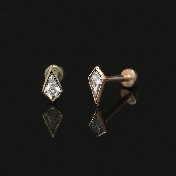 NEW ‣ 14K Gold Tiny Briolette Cartilage Earring • 14K Internally Threaded Labret • 14k Coffin Diamond cut Cz Stud labret