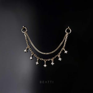 NEU ‣ Ember Doppelkettenbefestigung mit winzigen echten Diamantanhängern 30 mm • 14K Massivgold Echte Diamanten