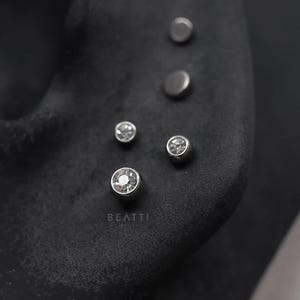 16G/18G/20G • Tiny 2mm/2.5mm/3mm Bezel CZ Threadless Push Pin Labret Stud • 316L Surgical Steel • Tragus stud • Flat Back Earring