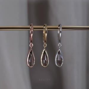 NEW ‣ Iris • Smoky Quartz Dangle Hoop Earrings • 14K Vermeil • Briolette Cut Gemstone Charm Dangle Hoops