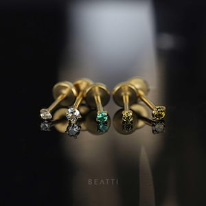 20G/18G • Tiny 1.5mm/2mm Green Ombre · Gold CZ Threadless Push Pin Labret Stud • Gold Green Piercing • Gold Tragus stud • Flat Back Earring