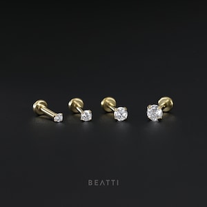 NEW ‣ Verified Titanium Gold CZ Threadless Push Pin Labret • Flat Back Earring • Hypoallergenic Piercing • Helix Nose Stud • 20G/18G/16G
