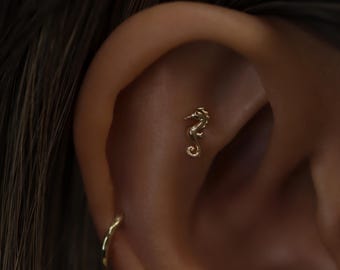 May include: Gold seahorse stud earring in a person's ear. The earring is a small, delicate piece of jewelry that is perfect for adding a touch of whimsy to any outfit.