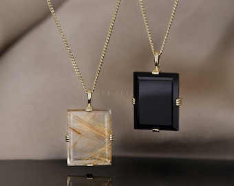 NEW ‣ Large Rectangular Cut Gem Pendant • 14K Vermeil  • Natural Gemstone Pendant