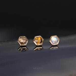 Aria • Natural Gemstone Threadless Ends • Hexagon Gemstone Flat Back Earrings • 925 Sterling Silver with 14K Gold Vermeil • Titanium Post