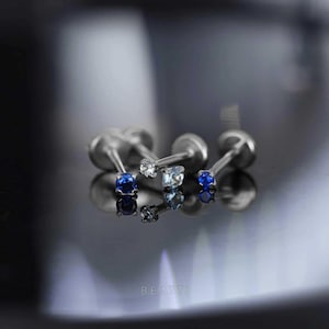 16G/18G/20G • Tiny 1.5mm/2mm Blue ·  CZ Threadless Push Pin Labret Stud • Blue Stone Piercing • Tragus stud • Flat Back Earring