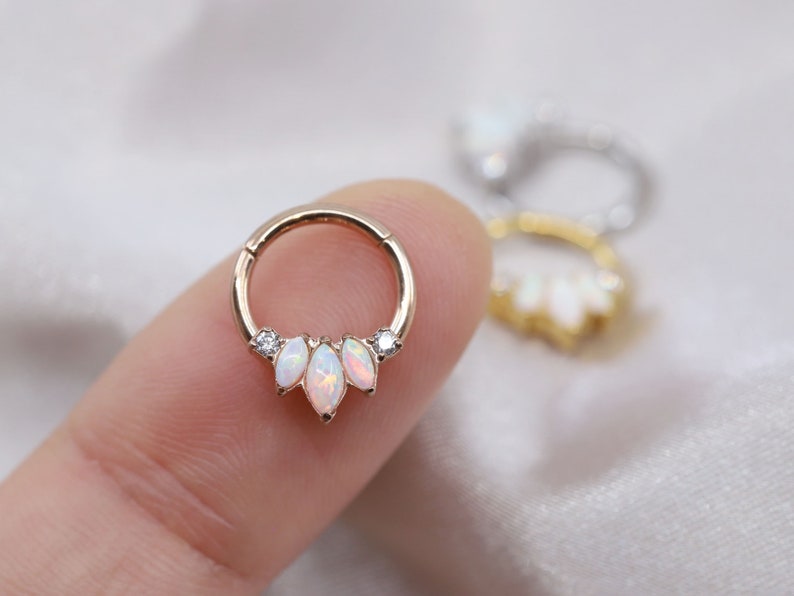 NEW ‣ 16g Tiara Opal Clicker • Fire Opal Seamless Hinged Hoop • Marquise Opal Daith Hoop • Opal Septum Ring • Iridescent Opal Clicker 