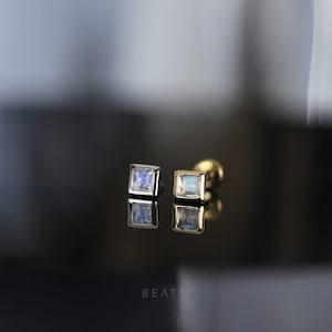 NEW ‣ Dora • BEATTI Rainbow Moonstone Threadless Ends 925 Silver Stud • 14K Gold Rose Gold• Titanium Back • Tragus • Helix • Conch Piercing